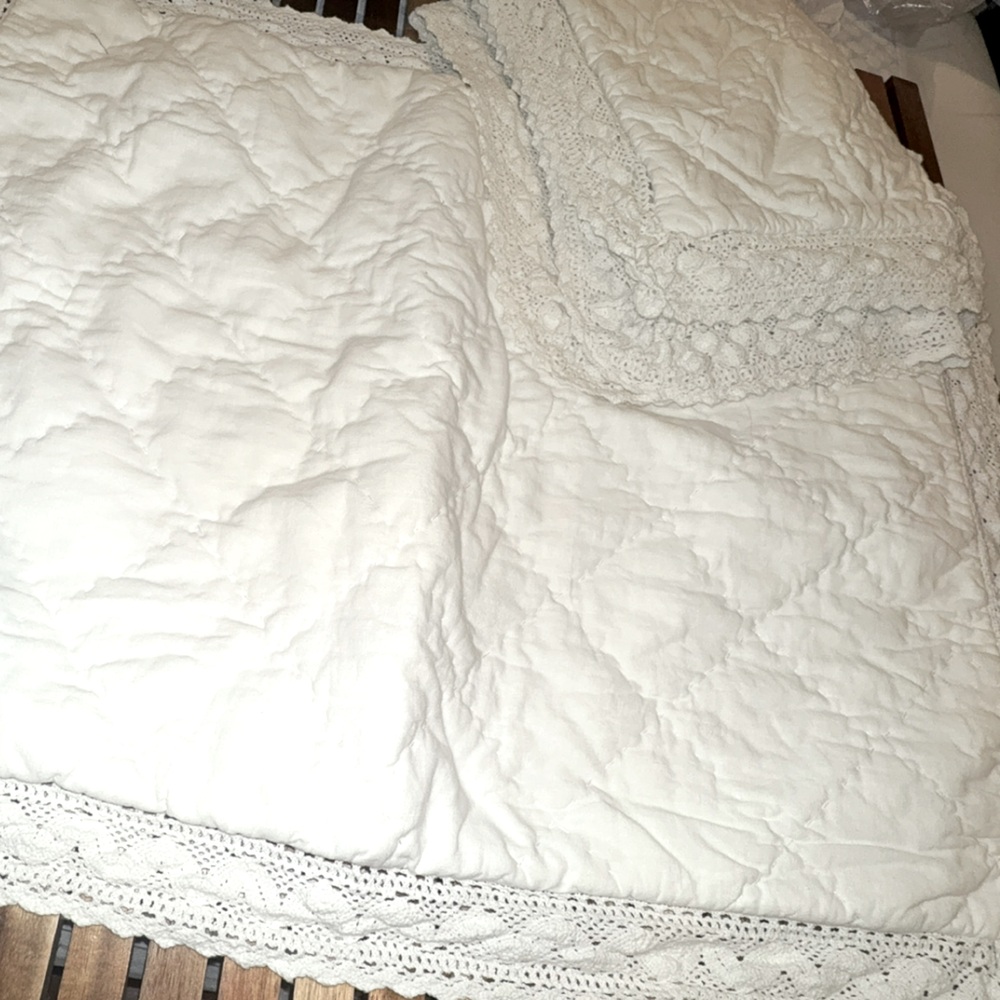 Simply Shabby Chic 3pc Quilt Shams Set Linen Blend Crochet Trim White Full Queen - Picture 14 of 16